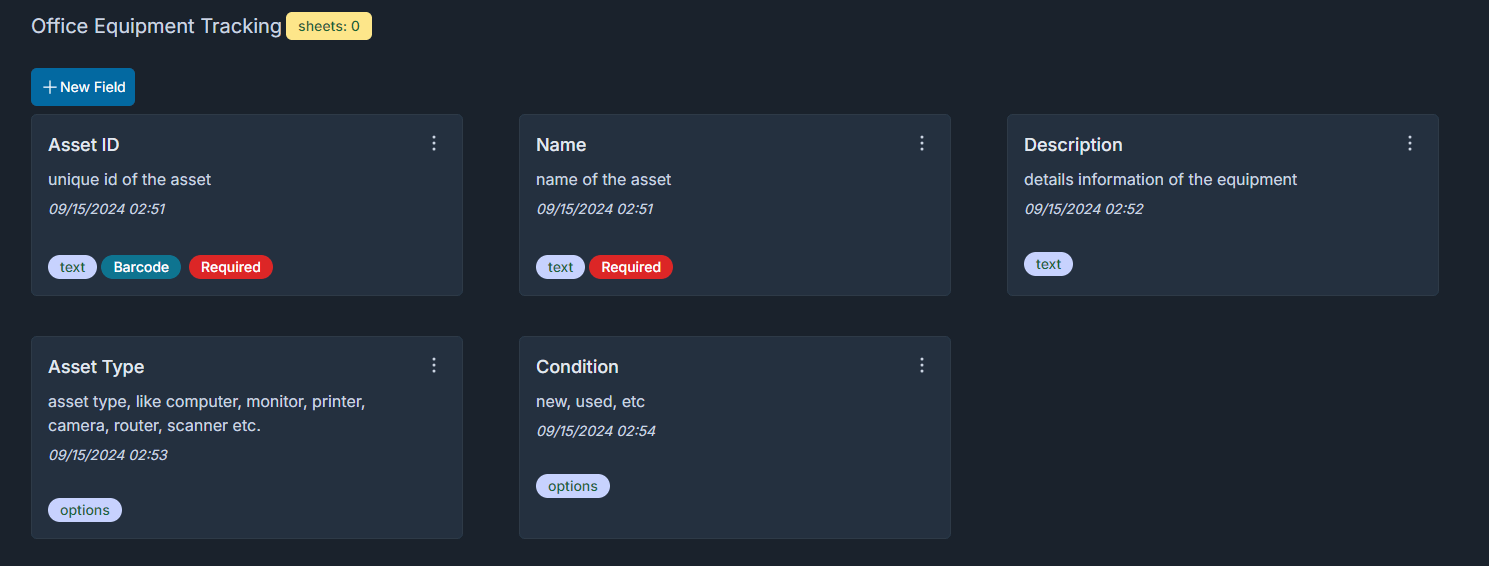 office template with fields Asset ID, Name, Asset Type, Condition, etc. It's a system pre-defined template.